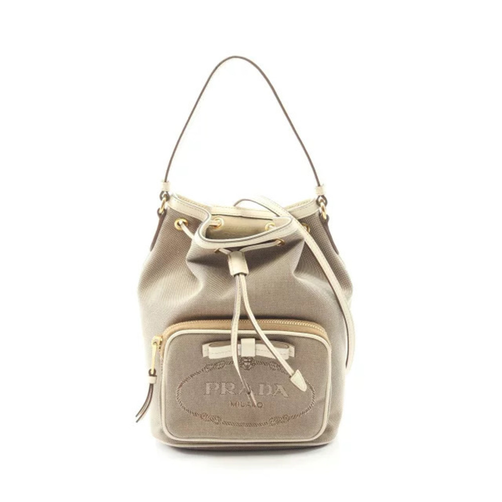 Prada JACQUARD Handbag Canvas Leather Beige White